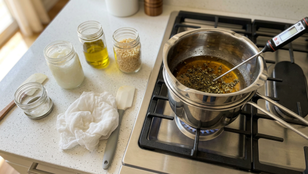 Cannabis-infused oil preparation with double boiler and carrier oils for DIY topicals