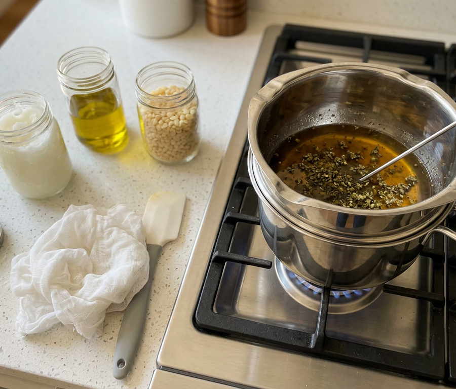 Cannabis-infused oil preparation with double boiler and carrier oils for DIY topicals