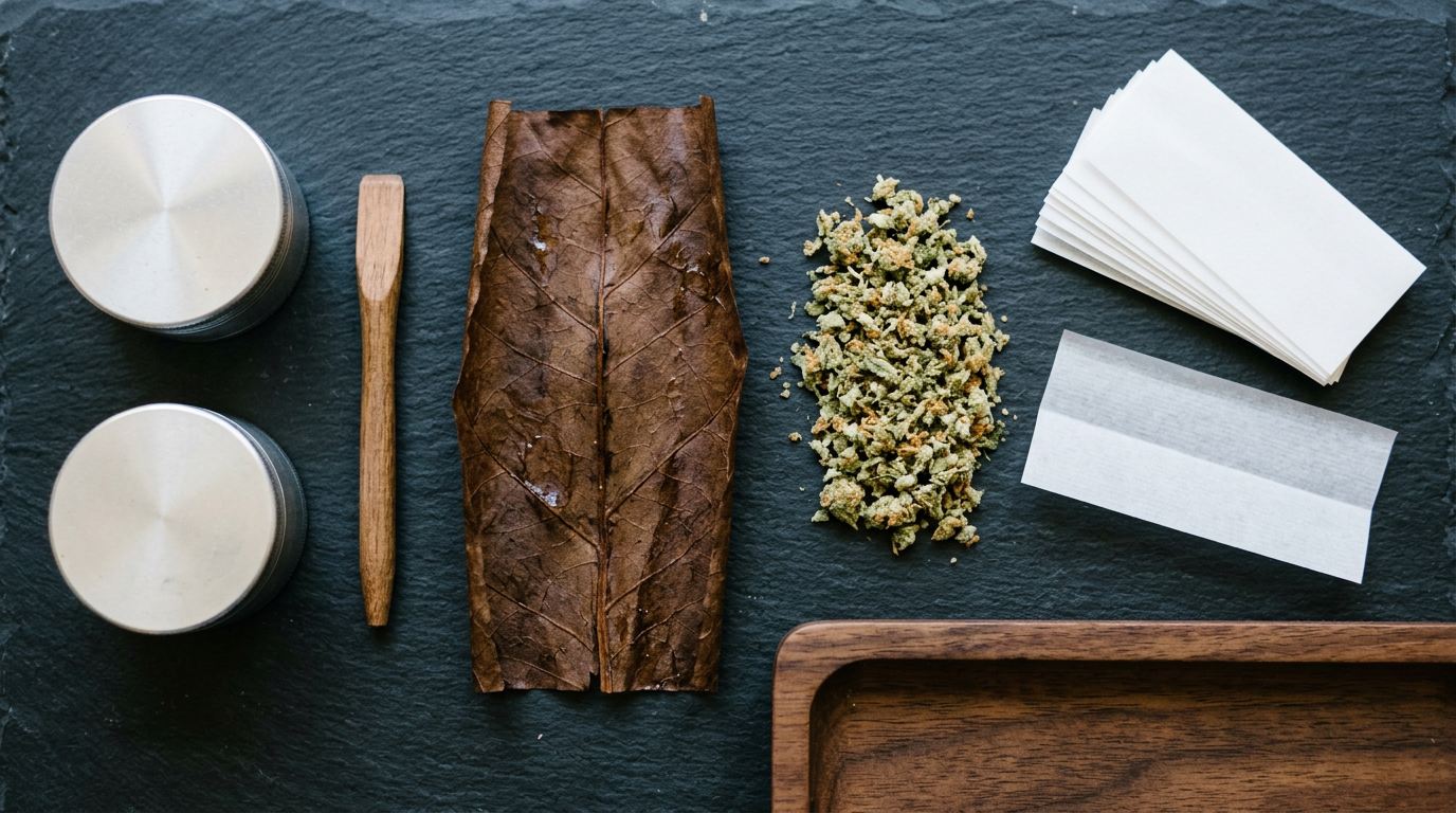 Cannabis blunt wrap preparation showing proper tobacco leaf splitting and flower consistency for rolling