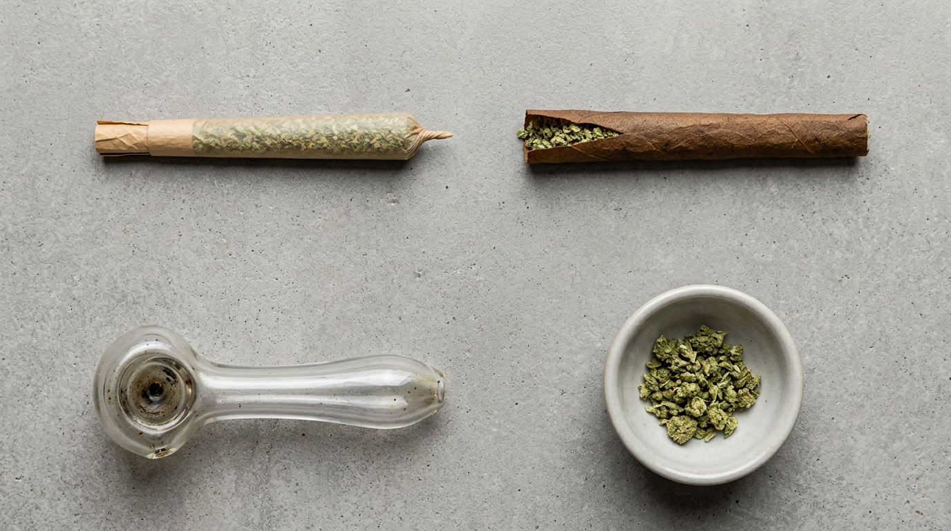 Cannabis consumption methods comparison—joint, blunt wrap, glass pipe, and bowl arranged for guide