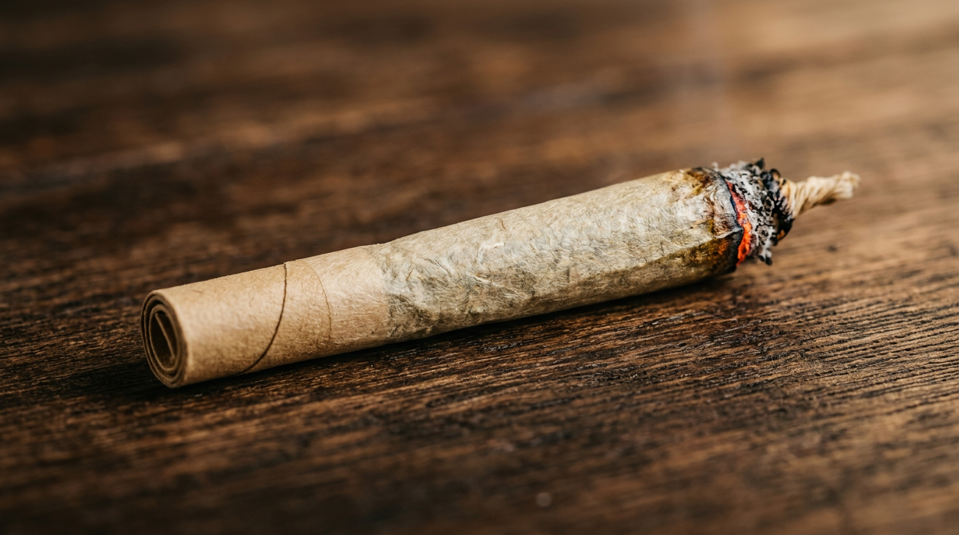 Macro detail of properly rolled cannabis joint with hemp paper and cardboard filter tip