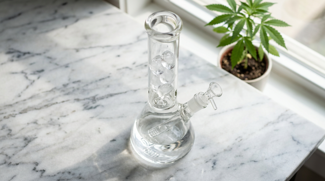 Clean glass water bong with ice catcher and percolator for cannabis consumption