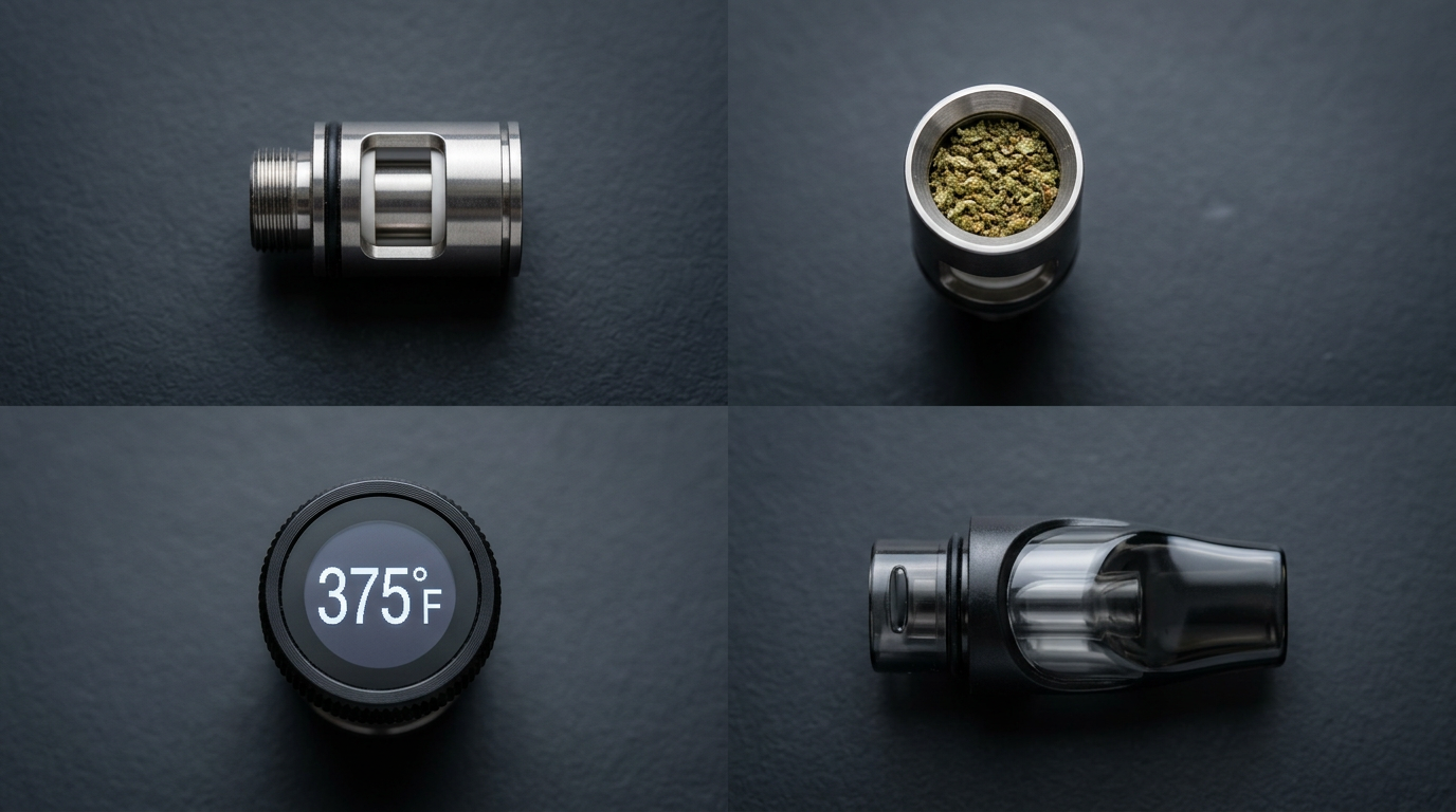 Dry herb vaporizer components and temperature control display for health-conscious cannabis consumption