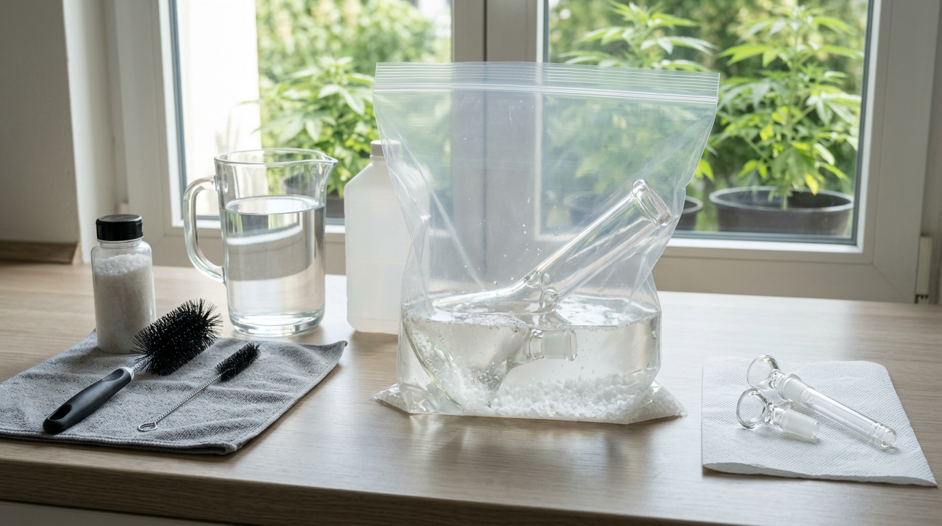 Proper cannabis bong and pipe cleaning with isopropyl alcohol and coarse salt for maintenance and flavor preservation