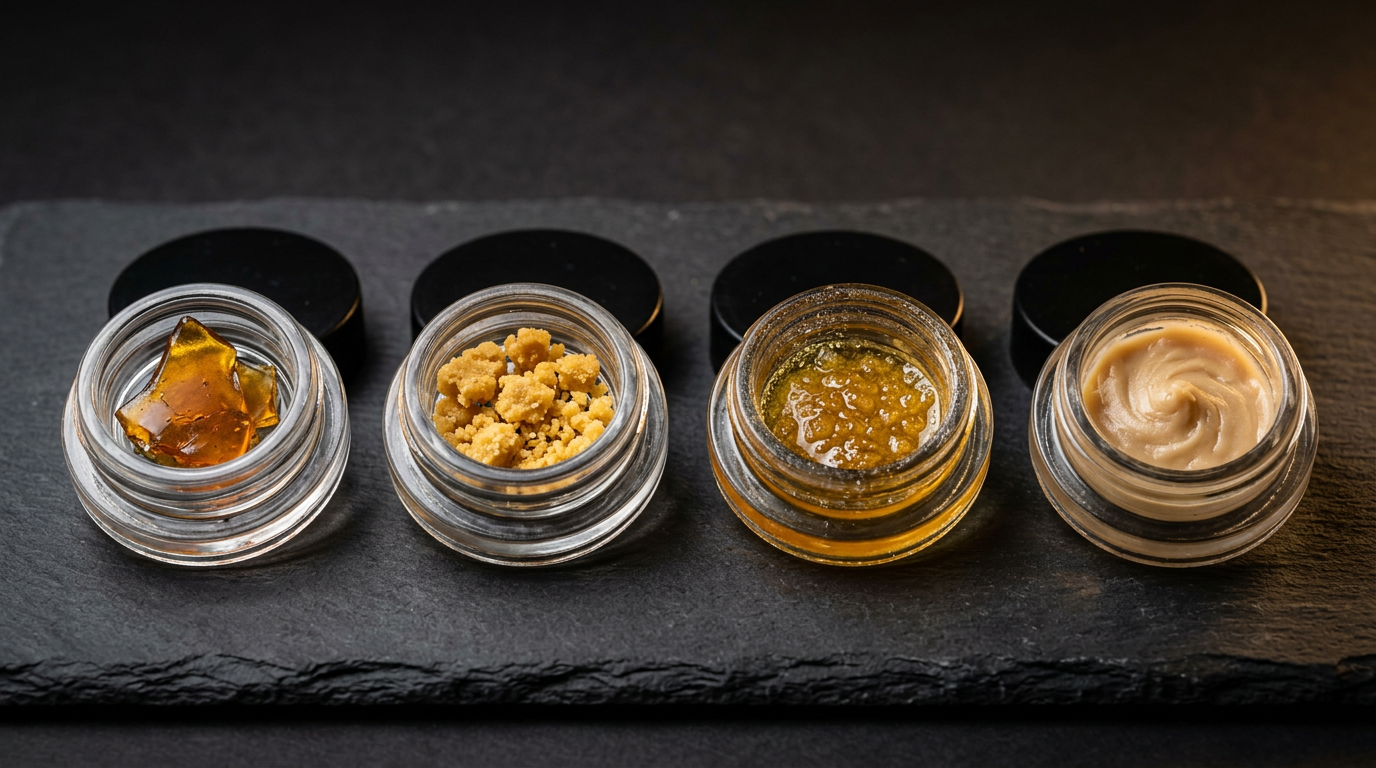 Cannabis concentrate types—shatter, wax, live resin, and budder—for dab rig consumption