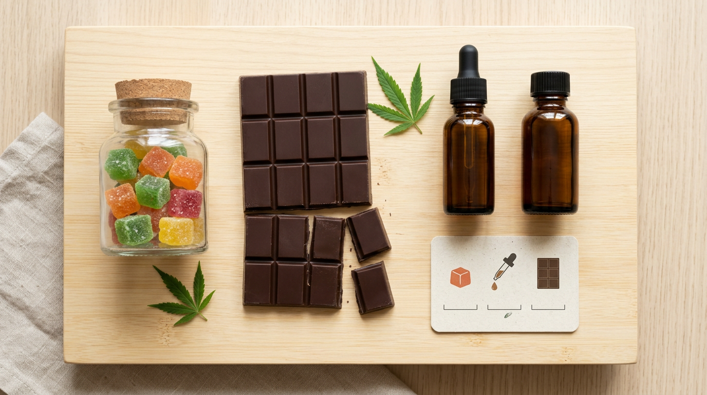 Cannabis edibles and tinctures—gummies, chocolate, tincture bottles—for non-smoking consumption methods