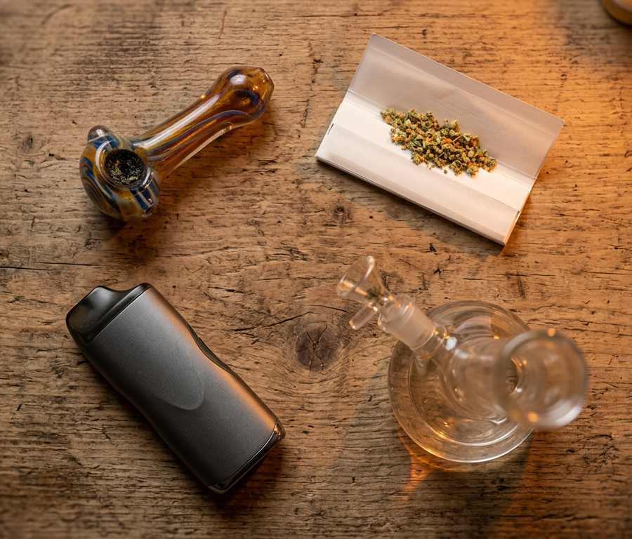 Cannabis consumption methods including pipe, papers, bong, and vaporizer