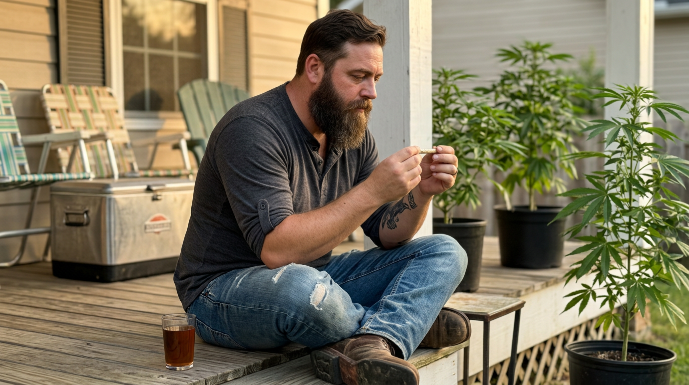 Cannabis consumption guide author Travis Cole on porch examining smoking methods