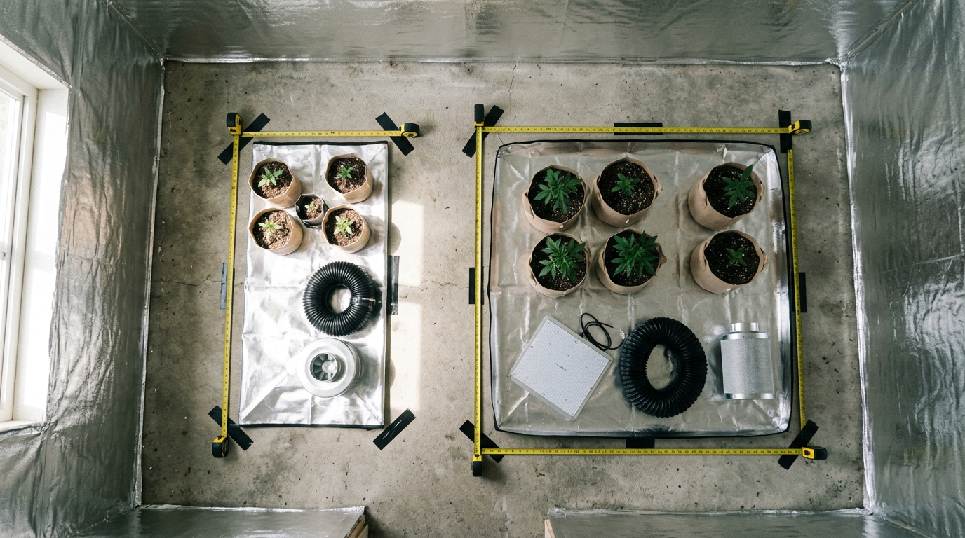 Grow tent space planning and sizing guide showing 2x4 and 4x4 footprint dimensions with mylar-lined surfaces for indoor cannabis cultivation setup
