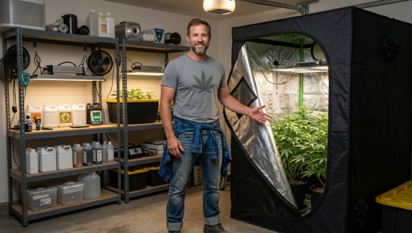 Experienced cannabis cultivator Darrel demonstrating proper indoor grow room setup with organized equipment and 4x4 tent