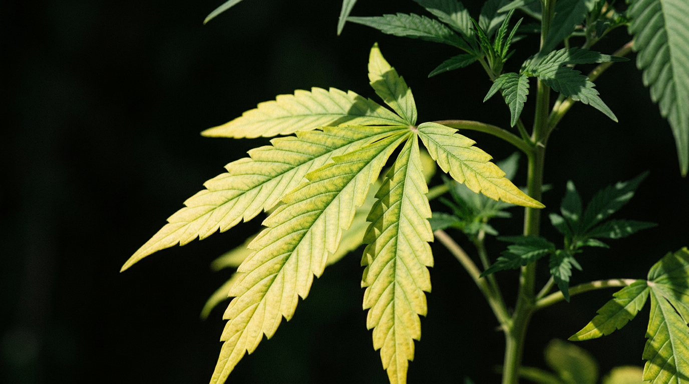 Cannabis plant nitrogen deficiency symptoms showing yellowing leaves for nutrient feeding and pH management diagnosis in indoor grows