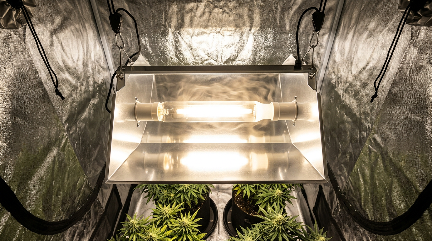 HPS grow light with wing reflector in mylar-lined tent showing indoor cannabis lighting setup and reflection efficiency