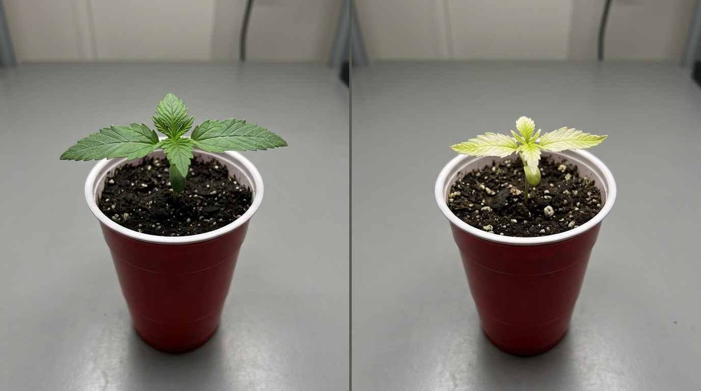 Cannabis seedling light burn versus healthy seedling comparison showing LED grow light distance and intensity effects on young plant development