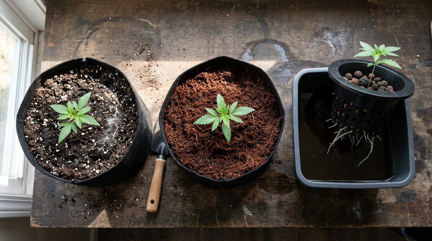 Comparison of cannabis growing mediums: potting soil, coco coir, and hydroponic system setup