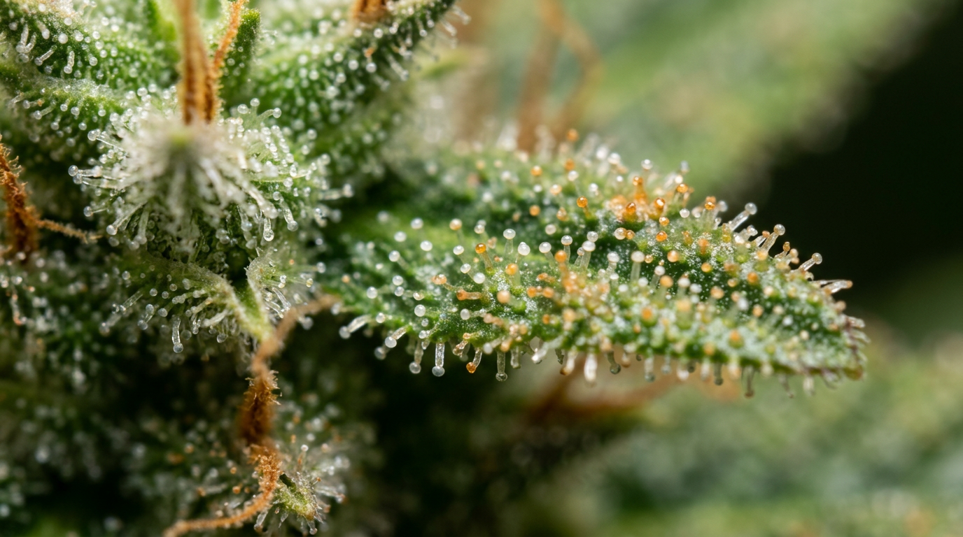 Macro photograph of cannabis trichomes at harvest maturity showing milky and amber trichome heads for harvest timing