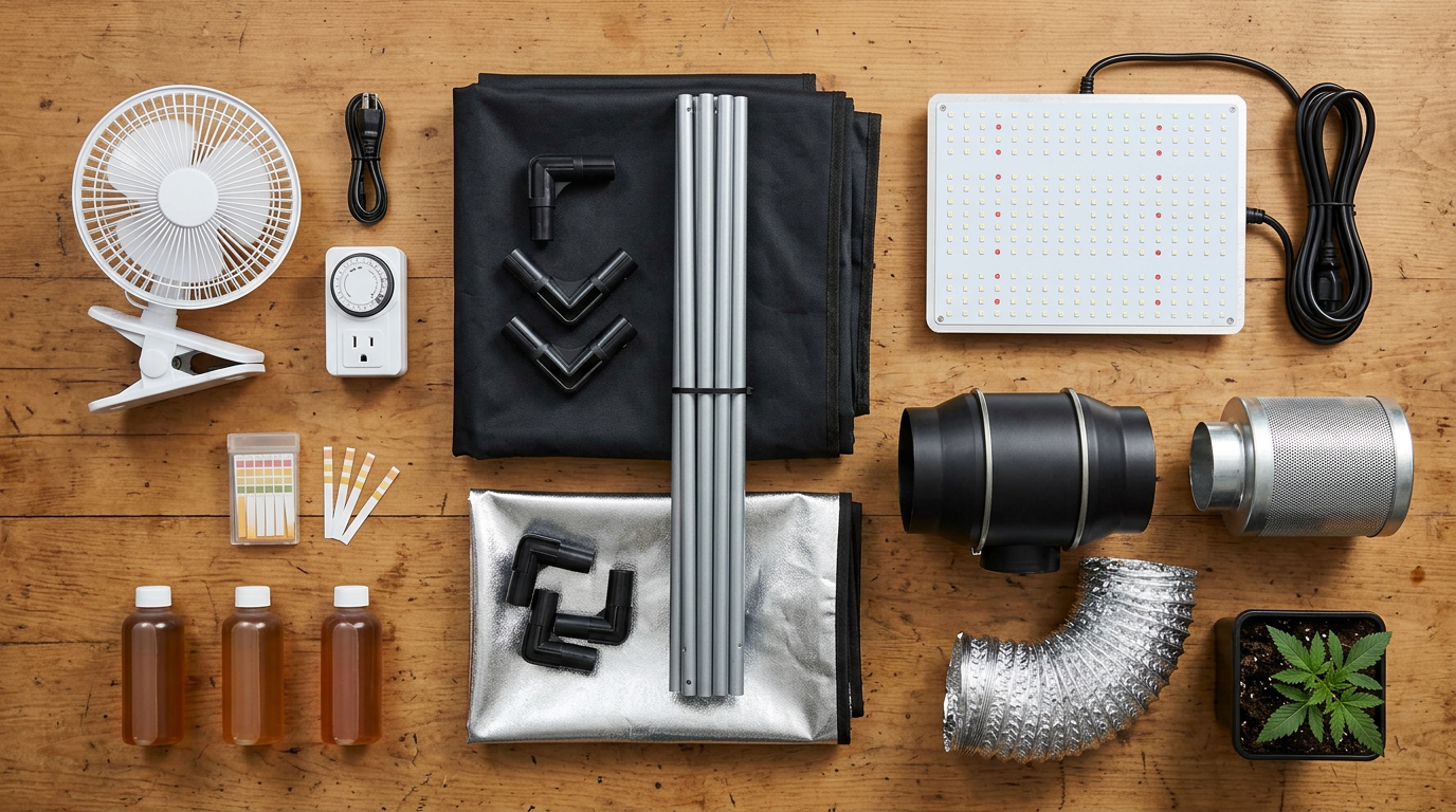 Complete budget indoor cannabis grow setup under $500 showing tent, LED light, ventilation, and nutrients