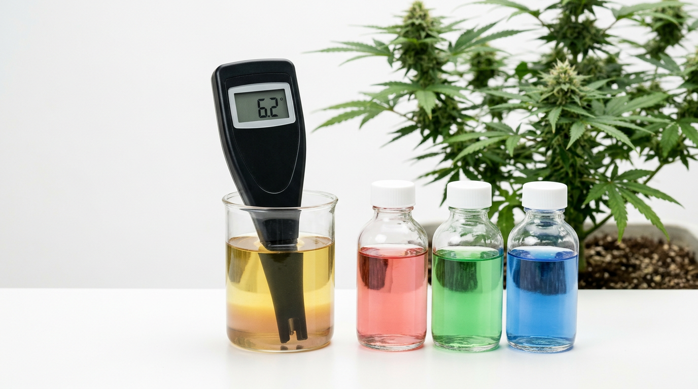 Digital pH meter with calibration solutions for cannabis nutrient feeding and growing medium pH control
