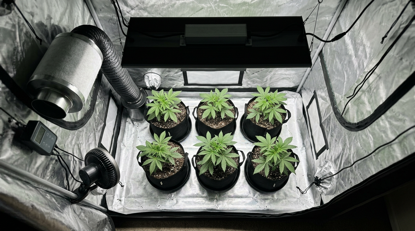 Complete indoor cannabis growing setup with LED lights and ventilation