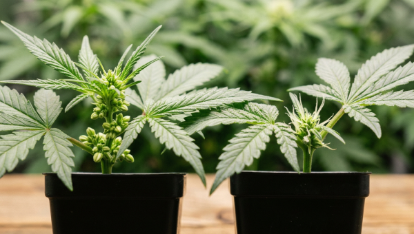 Male and female cannabis preflowers comparison macro photography under grow lights
