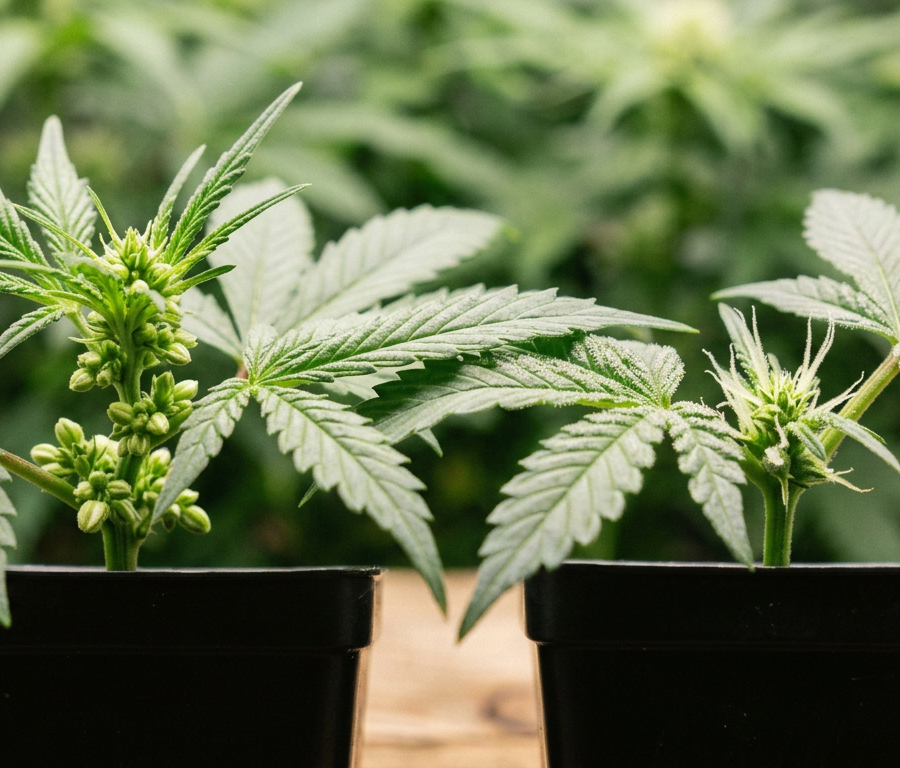 Male and female cannabis preflowers comparison macro photography under grow lights
