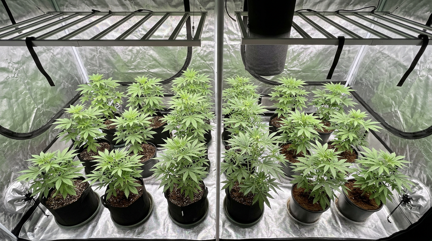 Indoor cannabis grow tent showing preflower stage plants under full-spectrum LED lighting