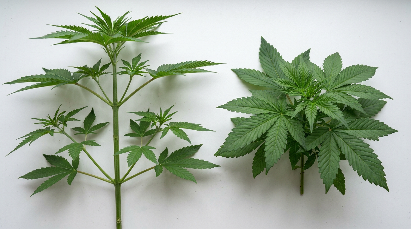 Young cannabis plants showing height and stem thickness differences between male and female phenotypes