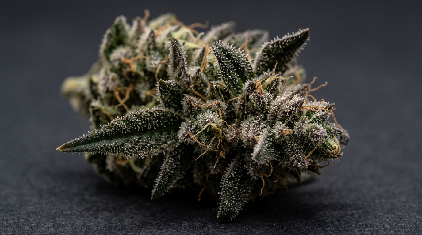 Macro close-up of cannabis trichomes and resin glands on mature flower tissue