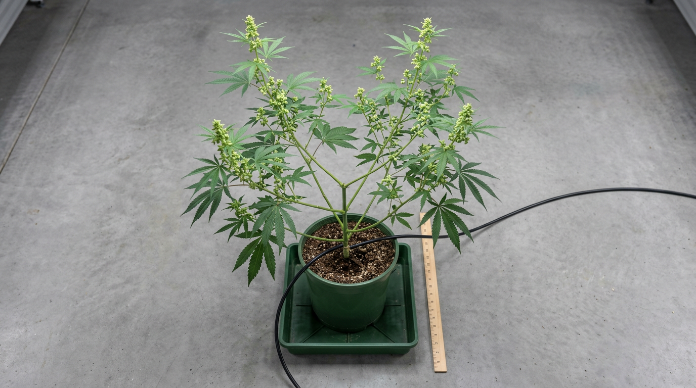 Full male cannabis plant in grow pot photographed from above under cultivation lighting conditions