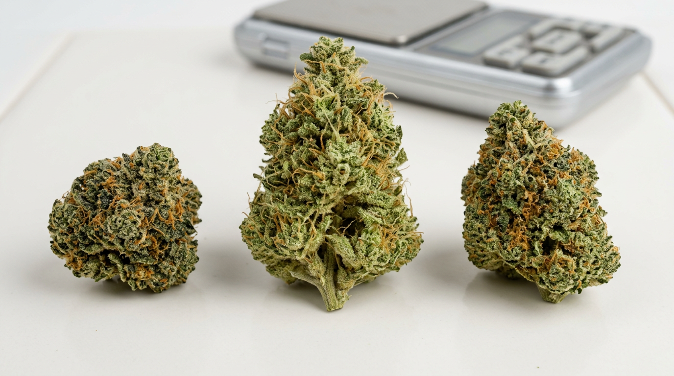 Comparison of cannabis strain density showing how dense indicas versus fluffy sativas appear visually different despite similar weights