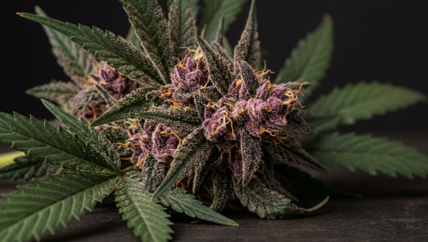 Purple cannabis flower with visible trichomes and green leaves in macro detail