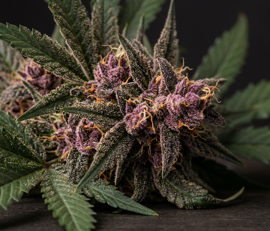 Purple cannabis flower with visible trichomes and green leaves in macro detail