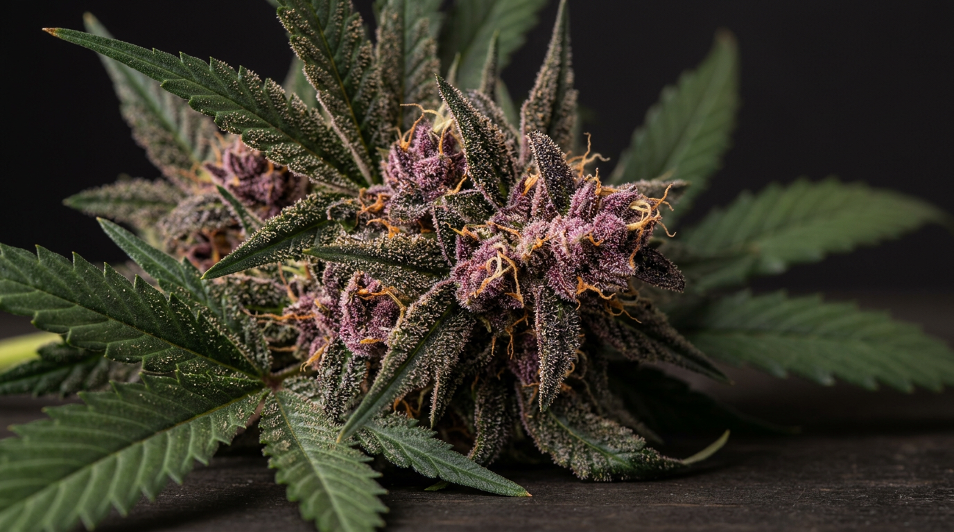 Purple cannabis flower with visible trichomes and green leaves in macro detail