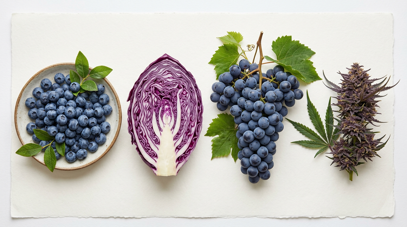Blueberries, red cabbage, grapes, and purple cannabis flower displaying similar anthocyanin pigmentation