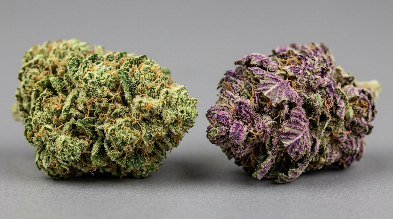 Comparison of natural green cannabis bud versus artificially dyed purple cannabis bud under macro photography