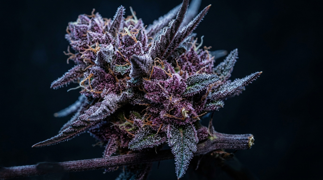 Purple cannabis flower bud with visible trichomes and frost in cool lighting