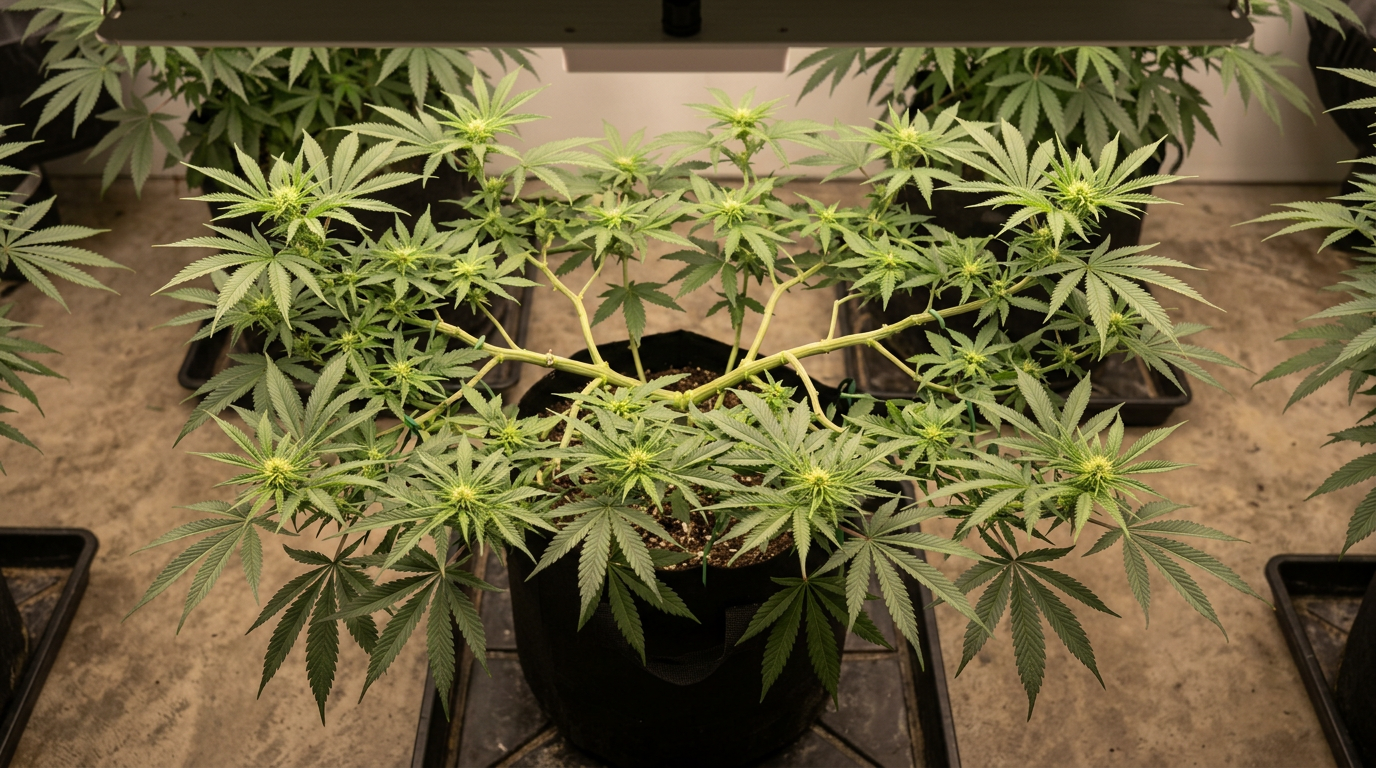 Cannabis plant with multiple super-cropped branches showing horizontal training and canopy redistribution