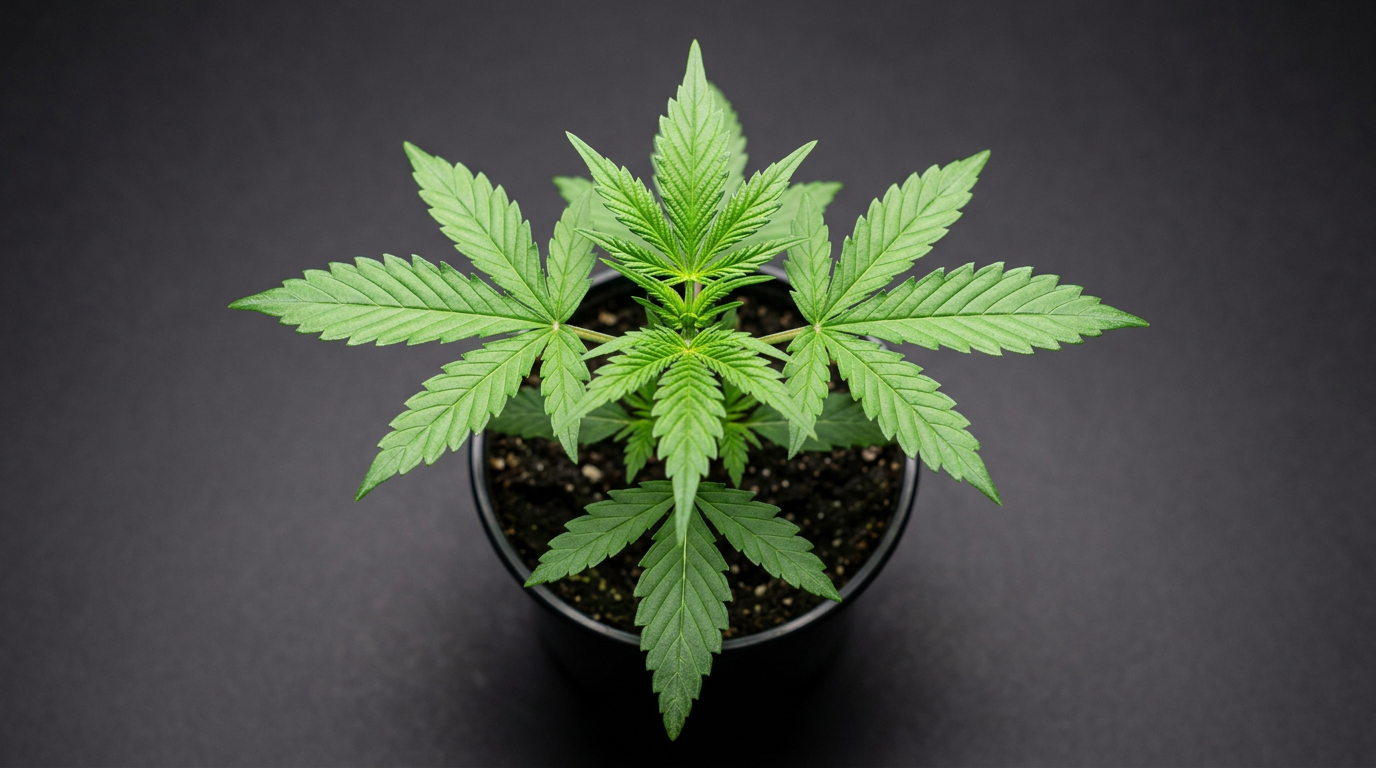 Young autoflowering cannabis plant showing compact growth structure under grow lights