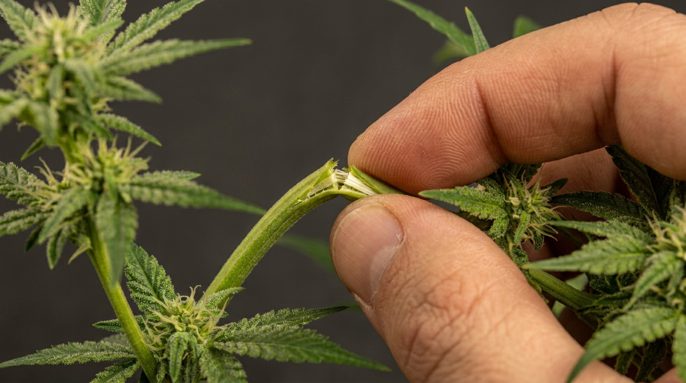 Cannabis stem being hand-bent showing proper super cropping technique and stem damage