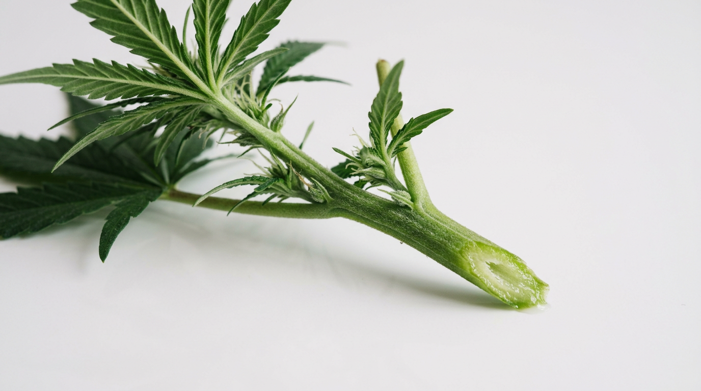 Cannabis plant cutting segment displaying nodes and fresh cut surface for propagation