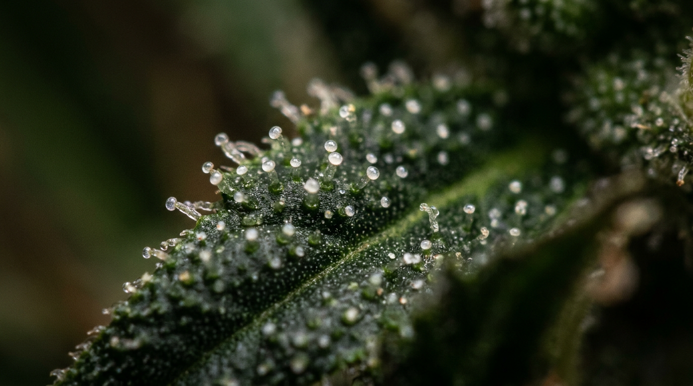 Macro photograph of Cannabis ruderalis trichomes showing sparse resin gland development characteristic of the species