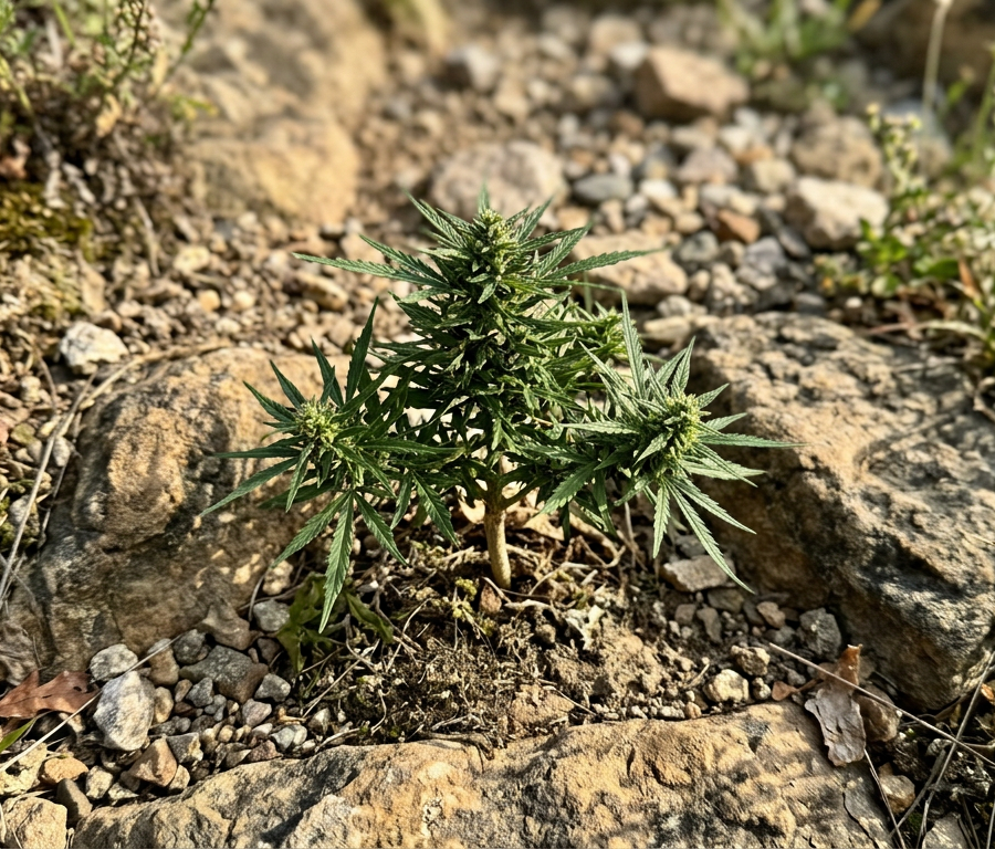 Cannabis ruderalis plant growing in a wild outdoor environment