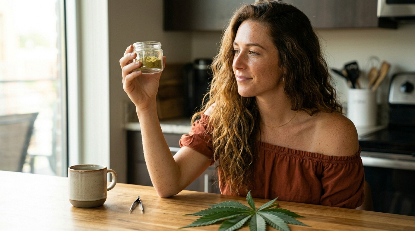 Jessica examining a jar of golden kief concentrate in natural light, demonstrating kief collection and storage