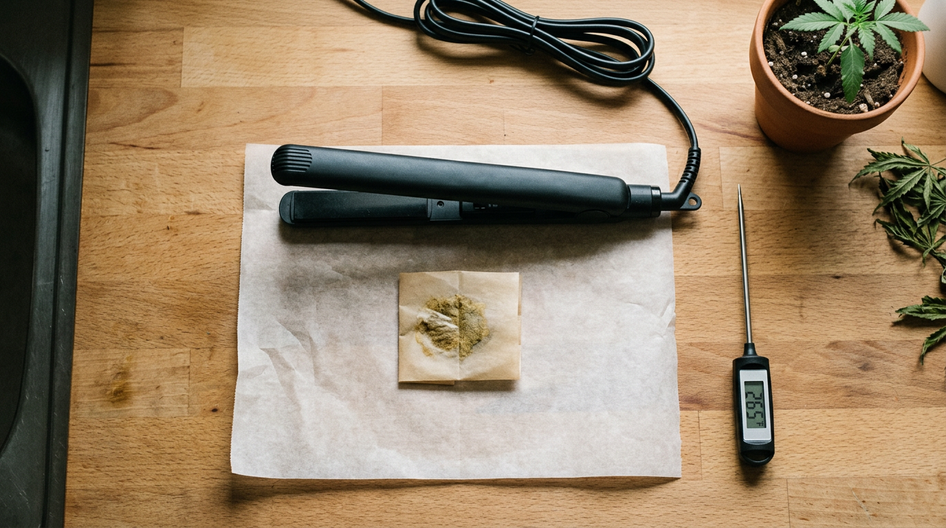 Hair straightener press method for making hash from kief at home with parchment paper and temperature control