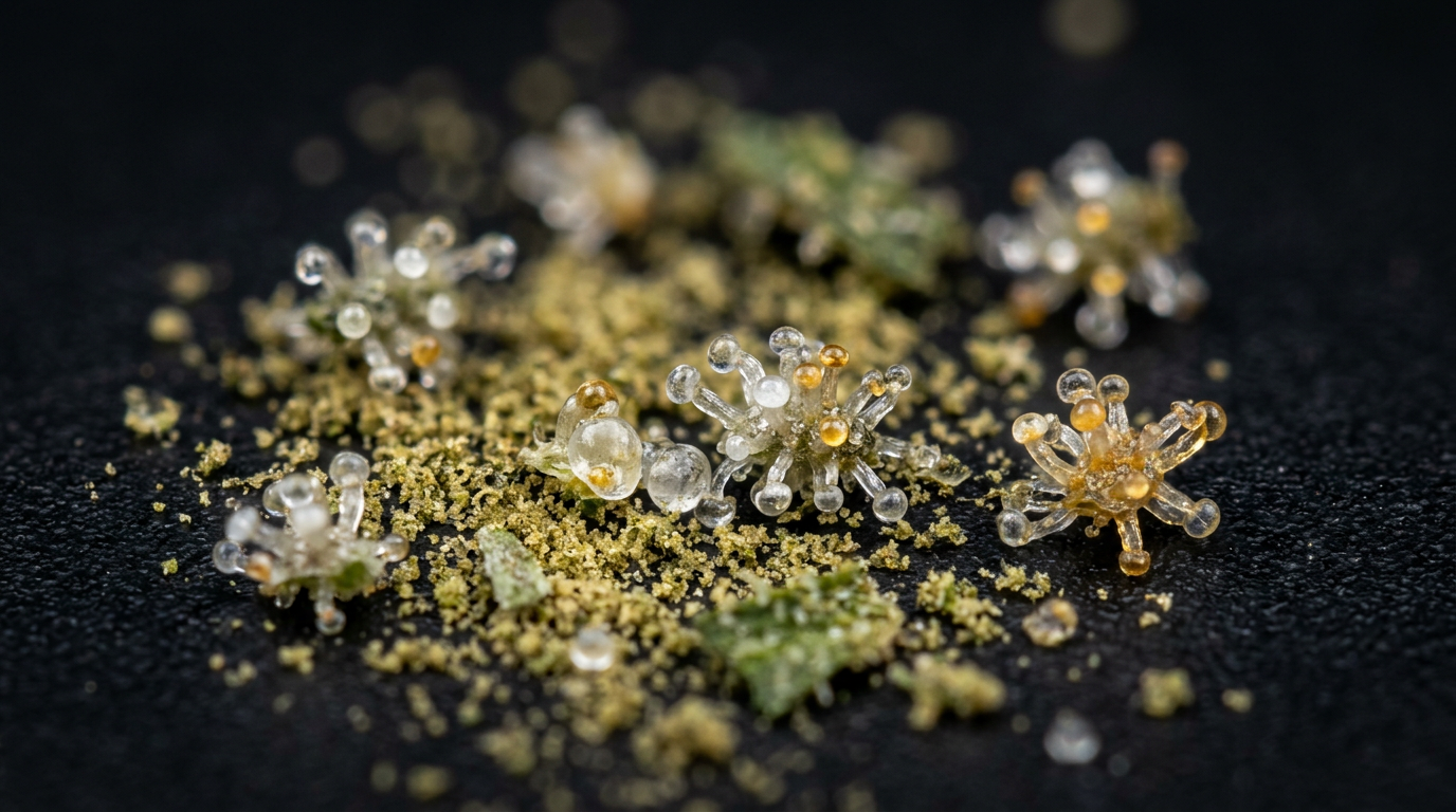 Macro close-up of cannabis trichome heads showing kief crystalline structure and cannabinoid-rich resin glands