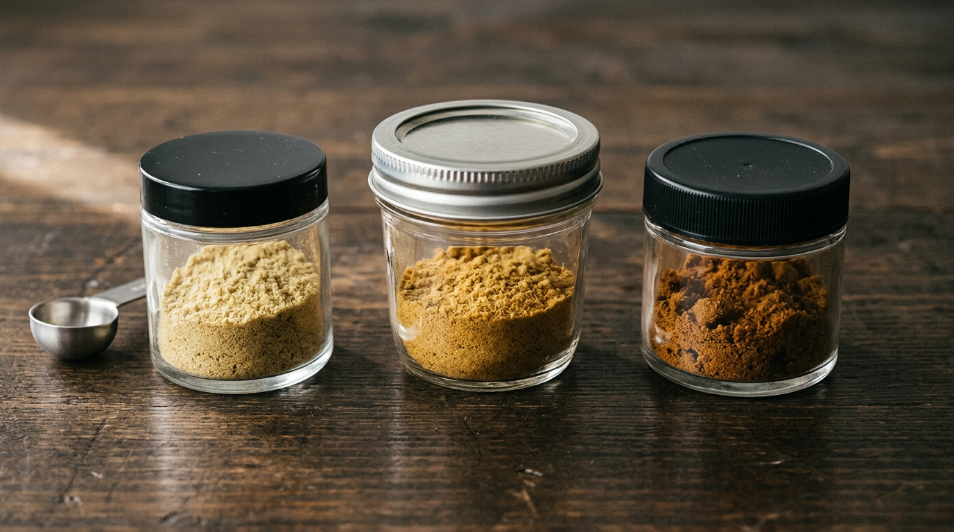 Proper kief storage in airtight glass jars showing color changes and degradation over time for shelf-life reference