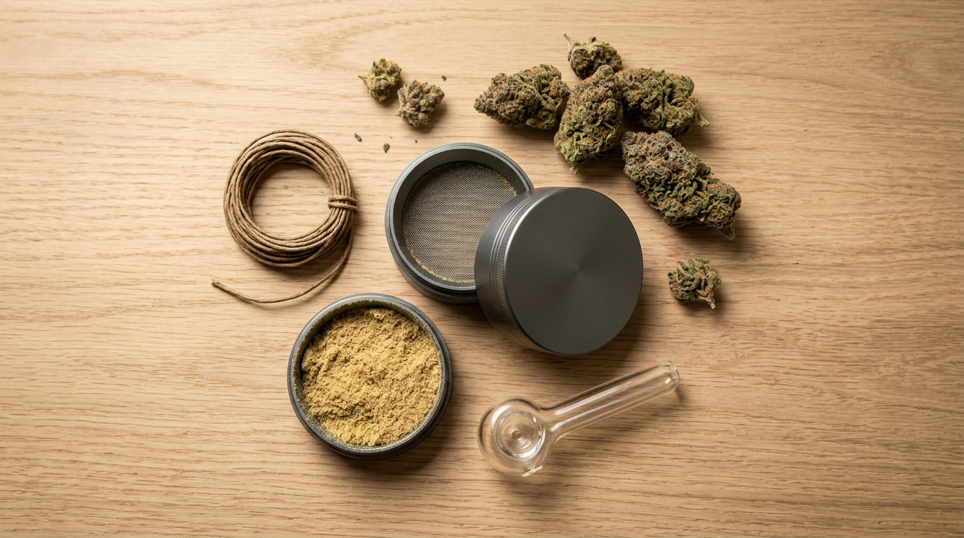 Three-piece cannabis grinder with kief collection chamber displayed with flower and smoking accessories