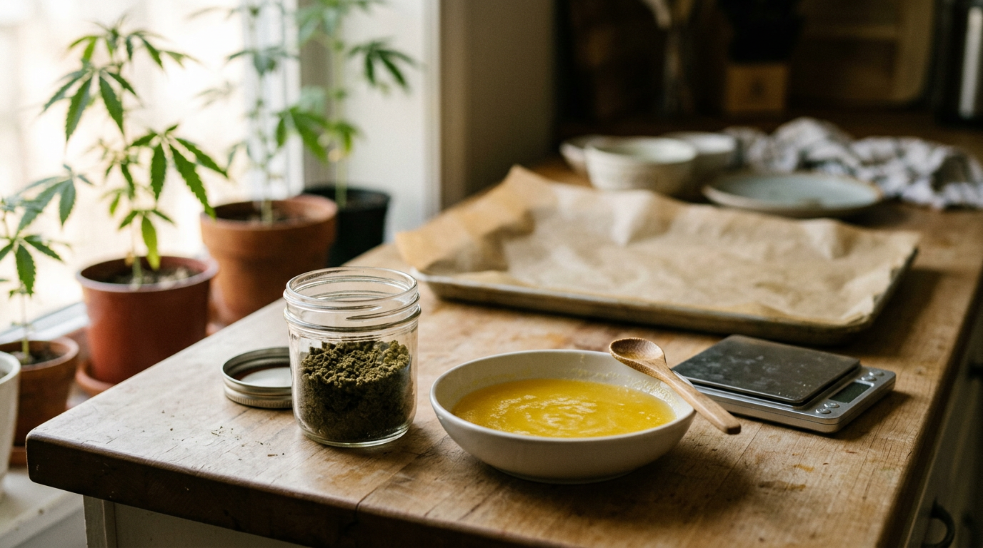 Decarboxylated kief beside infused butter for cannabis edible preparation and cooking