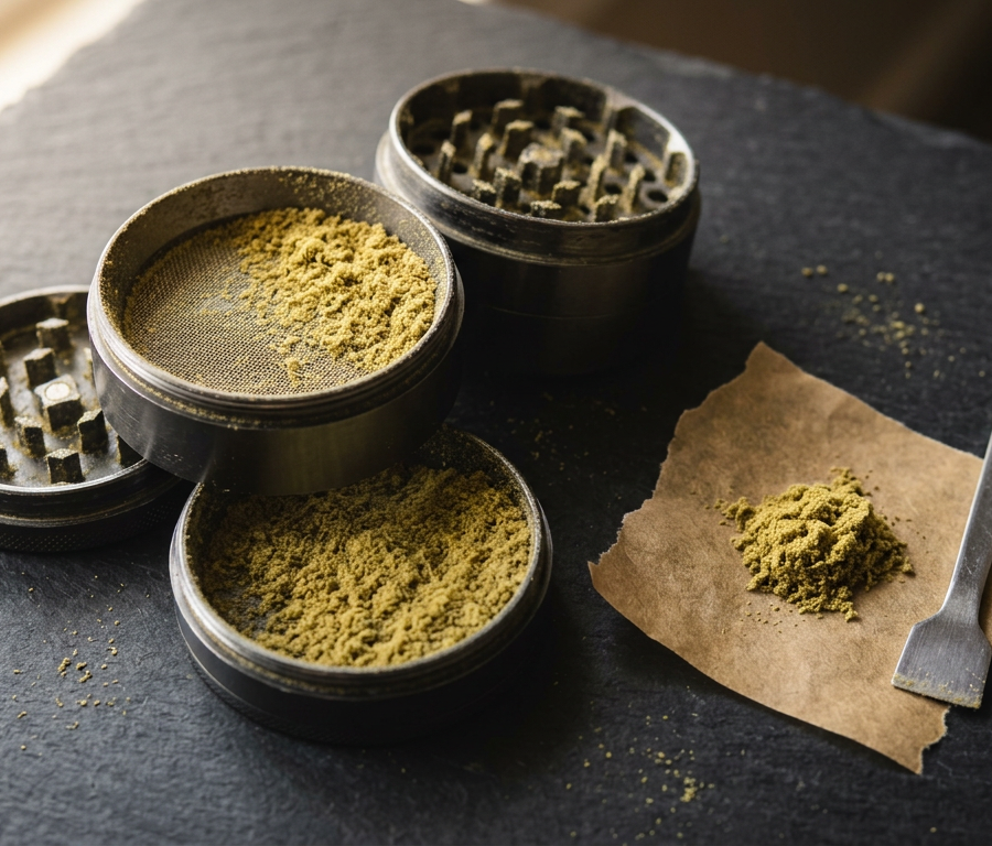 Golden kief collected in a grinder chamber with kief on parchment