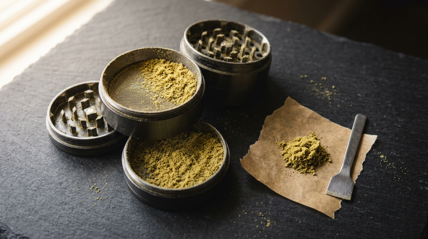 Golden kief collected in a grinder chamber with kief on parchment