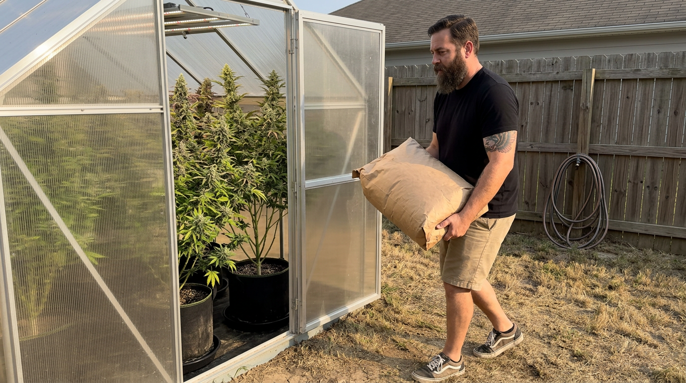 Bruce Banner strain — Man carrying a soil bag across a yard toward a greenhouse with tall cannabis plants visible inside under LED lights